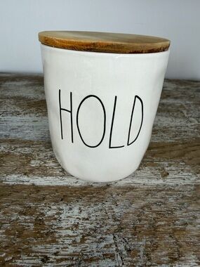 Rae Dunn White Ceramic Jar with Black 'HOLD' Lettering and Wood Lid